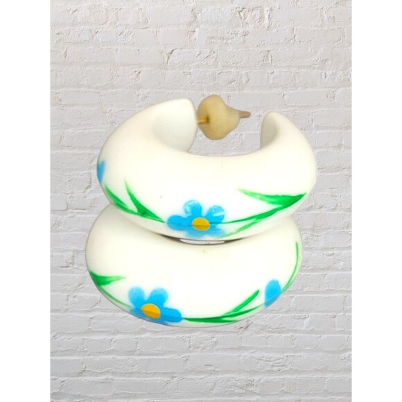 Vtg Acrylic Floral Painted Half Hoop Earrings Pierced Cottage Classic Boho 80s - Picture 2 of 6